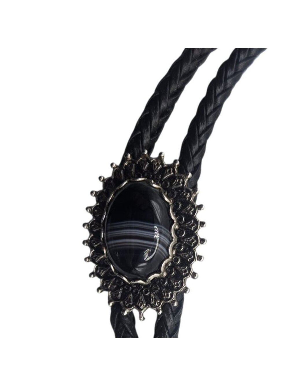 Western Black Stone Bolo Tie Braided Leather Cord Country Cowboy Rockabilly